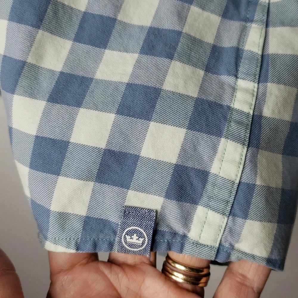 Peter Millar Cotton Silk Button Up Long Sleeve Shirt Size XL Gingham Plaid Logo